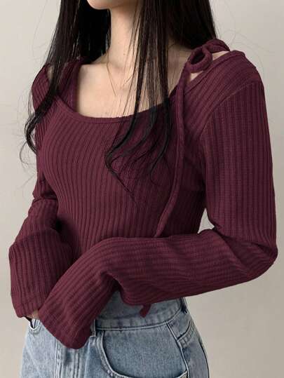 DAZY Women's Round Neck Twist Rib-Knit Long Sleeve 2 In 1 T-Shirt,Fall Clothes