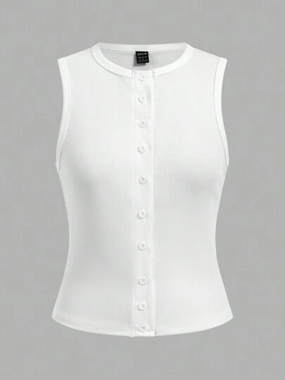 SHEIN BASICS Solid Color Knit Sleeveless Crew Neck Fitted Cardigan For Women, Cozy Chic, Daily Commute, Versatile, Slim And Versatile