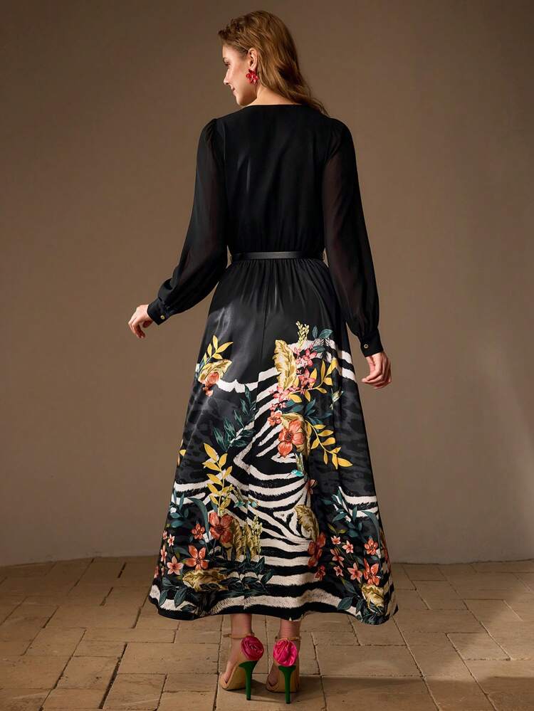 V-NECK MIXED PLANTS AND ANIMAL PATTERN PUFF SLEEVE BUCKLE BELTED LONG DRESS