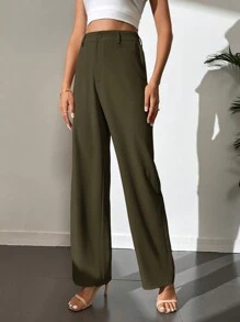 SHEIN Tall 女款休閒純色直筒長褲，適合高個女性 - 軍綠色 - 查看 6