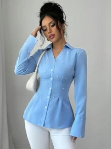 Chiquease Women's Blue V Neck Elegant Retro Collar Beads Pearl Decoration Dating Party Valentine's Day Wedding Waist Design Waist Slimming Original Design Office Women's Long Sleeve French Autumn And Winter Shirt