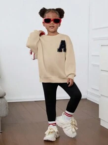 SHEIN 年轻女孩宽松休闲酷炫字母贴片超大羊毛运动衫和修身打底裤套装返校装必备百搭运动风格妈妈女儿姐妹搭配非常适合秋冬季休闲日常穿着和学校日常穿着