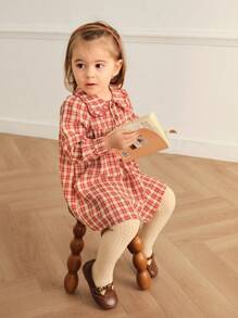 SHEIN Girls Spring/Autumn Peter Pan Collar Long Sleeve Plaid Princess Dress - Red - View 5