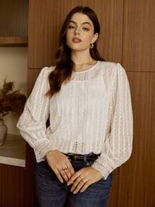 Elaquor 加上纯色秋季灯笼袖衬衫，不含吊带背心、蕾丝、长袖、约会之夜 - 杏色 - 查看 1