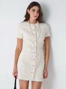 Enchnt Spring/Summer Romantic  Women's Apricot Exquisite Flower Pearl Button Decor Pocket Short Sleeve Fancy Yarn Tweed Mini Dress,Sweet&Elegant Outfit For Sweet Date Night &Wedding Guest Dress Women &Holiday & Graduation Dress&Daily Commuting&Vacation&Garden Parties & Concert Outfit Women