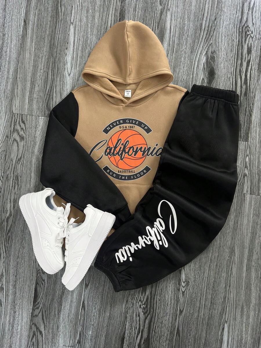 SHEIN Set casual de 2 piezas de niño preadolescente con sudadera con capucha con bolsillo y parche gráfico de letras, y pantalón de chándal