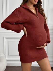 SHEIN Áo chui đầu màu trơn nửa khóa kéo cho bà bầu, Áo len chui đầu thường ngày, Quần áo cho mùa đông năm mới - Đỏ - Xem 1