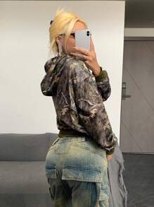 SHEIN ICON 女士休闲复古全树枝和树叶印花连帽运动衫，适合秋冬季，女士春秋季休闲抽绳、口袋长袖运动衫 - 彩色 - 查看 5