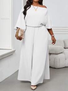 SHEIN Lady 秋冬优雅复古工作休闲办公室香槟色编织露肩舞会礼服主教袖露背新品大码连体裤 - 白色 - 查看 1