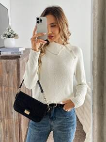 Calvaya 1 pieza Suéter elegante de color liso con cuello asimétrico y manga raglan