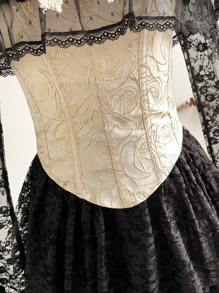 Vintamour Vintage Elegant Women Floral Jacquard Off Shoulder Long Sleeve Flared Cuff Lace Contrast Ruffle Bow Tie Party Festival Strapless Corset Blouse Winter Women Clothes Women Corsets Thanksgiving Women Outfit Winter Outfits Christmas Women Clothes Christmas Outfits Christmas Women Dress Christmas Party Dress Christmas Top Christmas Shirt Christmas Dress Christmas Clothes New Year Eve Dress Thanksgiving Dress Winter Tops Holiday Dress