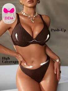 Swim DD+ 1 套女士休闲夏季比基尼套装，上衣采用特殊面料，厚肩带，软杯，拼接设计和常规三角形底部 - 咖啡棕 - 查看 5
