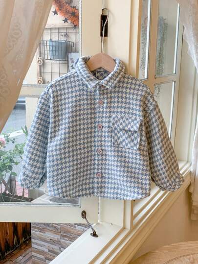 Blossori Young Boys Elegant French Style Loose Fit Blue Houndstooth Blazer Jacket, Autumn/Winter