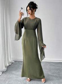 Chiquease Vestido largo de manga larga y murciélago para mujer, de unicolor, sexy y casual de gasa con lazo en la cintura, para otoño/invierno