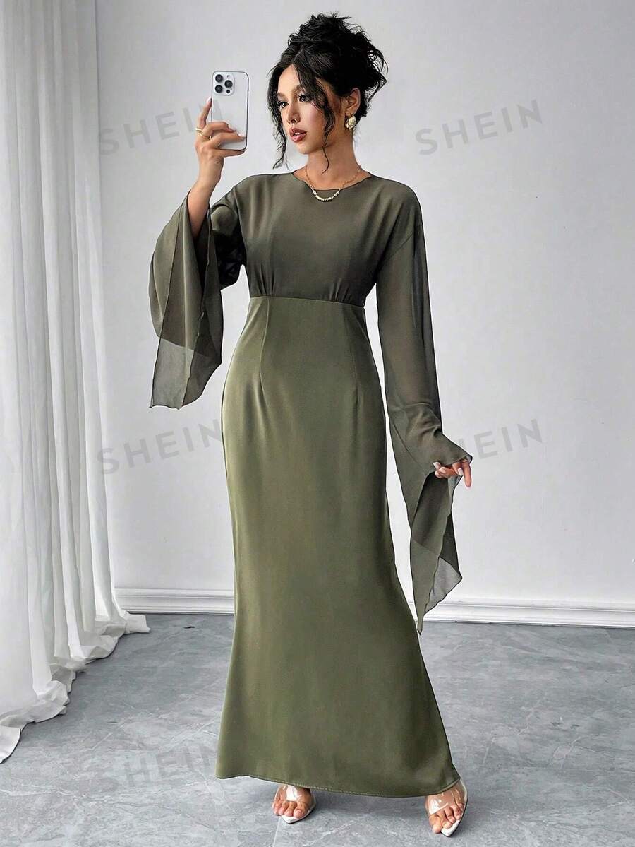 Chiquease Vestido largo de manga larga y murciélago para mujer, de unicolor, sexy y casual de gasa con lazo en la cintura, para otoño/invierno