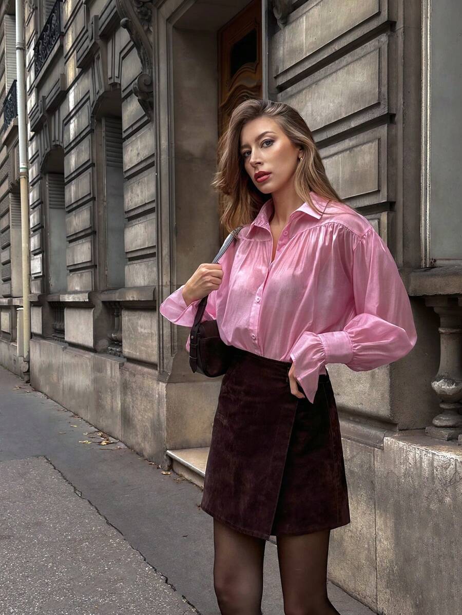 Chiquease 宽松翻领纯色法式灯笼袖长袖衬衫