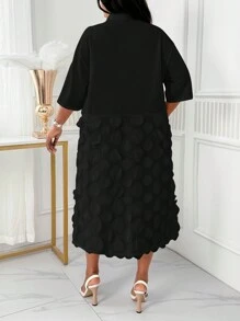 SHEIN Lady 春夏秋冬优雅工作办公室米色编织衬衫领直筒撞色网眼衬衫裙中长七分袖大码连衣裙