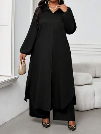 SHEIN Lady 秋冬季休闲优雅工作黑色编织衬衫领主教袖口袋长袖加大码套装