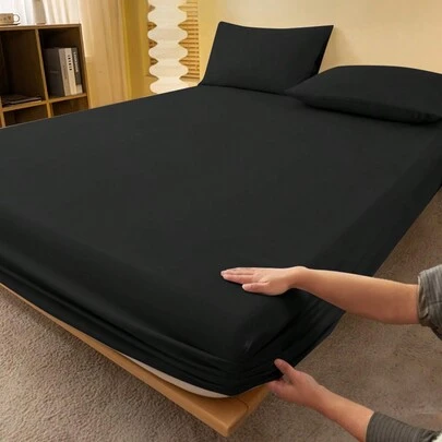 1pc Pure Black Fitted Sheet, Mattress Protector, Soft & Breathable, Fits Twin, Full, Queen, King Size Beds, Deep Pocket Design Up To 11.8 Inches, Home Textile