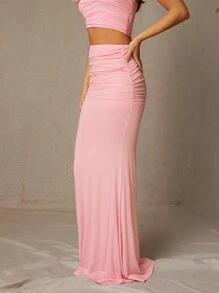 L'Amorae Ropa de invierno para mujer, falda larga elegante de unicolor rosa con volumen en la cintura alta y diseño de cola de pez para boda, fiestas, eventos formales