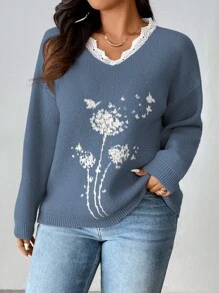 Franclia Plus Size Women Solid V-Neck Contrast Lace Casual Pullover Sweater, For Winter - Dusty Blue - View 3