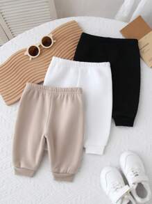 SHEIN Set di 3 pantaloni in pile per neonati maschi/femmine, colori nero, bianco, cachi, morbidi, confortevoli e caldi, adatti per ogni occasione, casual, perfetti per autunno/inverno, ideali per casa, uscite e attività sportive
