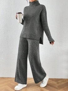Chiquease 2pcs Set: Casual Solid Color Turtleneck Sweater And Ankle Length Pants For Autumn/Winter