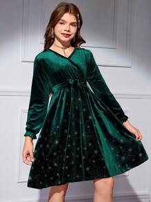 SHEIN Vestido de terciopelo con efecto de brillo en la cintura para niñas preadolescentes, elegante vestido de fiesta reflectante, adecuado para primavera, otoño y invierno/Navidad