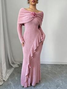 Modelyn 1 pieza Vestido maxi asimétrico con volantes y ajustado de hombros descubiertos para mujer, vestido de noche largo