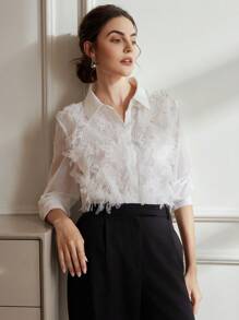 Chiquease 法式时尚简约优雅透明网眼设计腰部修饰长袖衬衫节日派对服装纽扣衬衫女士 - 白色 - 查看 3