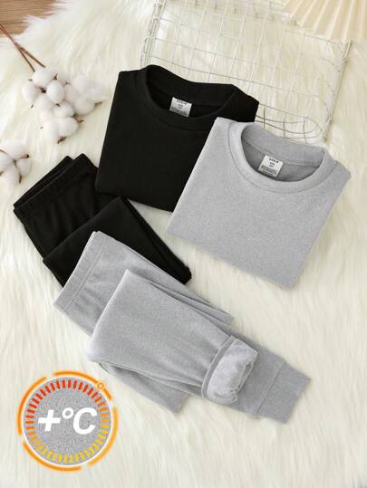 SHEIN 4 قطع / مجموعة بيجامة شتوية مريحة للأولاد المراهقين تتكون من سترة بياقة دائرية بأكمام طويلة وبنطال، مجموعة ملابس منزلية دافئة وناعمة