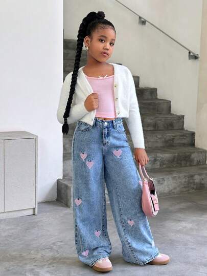 Tween Girl Sweet Heart Embroidery Straight Leg Wide Loose Jeans,Holiday,Summer,Travel