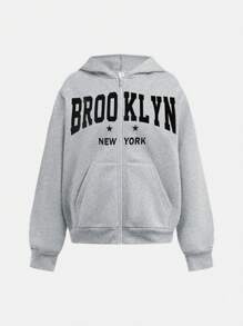 SHEIN Tween Girl 2 件套针织纯色字母印花连帽运动衫和宽松长裤休闲装 - 淺灰色 - 查看 5