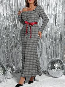 SHEIN Clasi Vestido largo y elegante de punto gris de hombros descubiertos, manga larga y con lazo en la cintura, apto para otoño/invierno, Acción de Gracias, Navidad, Halloween, Año Nuevo, para mujer de talla grande