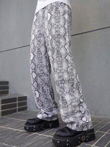 Manfinity EMRG Men's Snake Skin Print Pattern Elastic Waist Straight Leg Pants, Men's Street-Style INS Loose-Fit Long Pants, Y2k Baggy Going Out Slacks Pants, For Husband, Boyfriend Gifts - Multicolor - View 4