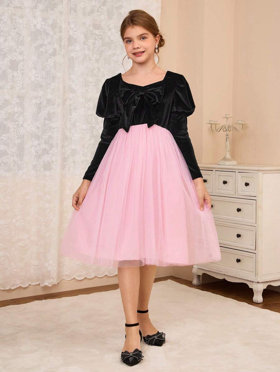 Tween Girls Velvet Bow Gigot Sleeve Mesh Panel Dress - Pink - View 1