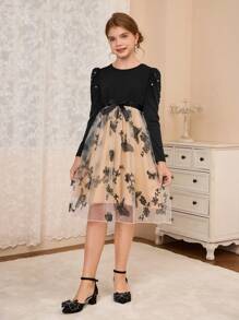 SHEIN Round Neck Puff Sleeve Random Pearl Beaded Butterfly & Mesh Girls Dress