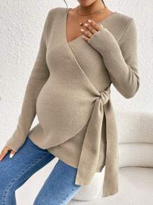 SHEIN Jersey de manga larga con cierre envolvente y nudo a la cintura, de unicolor y estilo informal para mujeres embarazadas, para otoño/invierno, de maternidad