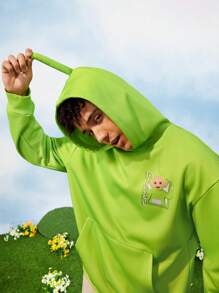 Teletubbies X SHEIN Men's 1pc Casual Loose Knit DIPSY Character Print Green Hoodie Sweatshirt, Autumn/Winter - Green - View 4