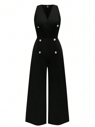 SHEIN Clasi Plus Size Solid Color Double-Breasted V-Neck Elegant Sleeveless Jumpsuit