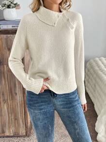 Calvaya 1 pieza Suéter elegante de color liso con cuello asimétrico y manga raglan