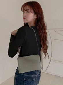 DAZY 1 件休闲纯色长袖 T 恤，适合秋季穿着 - 黑色 - 查看 4