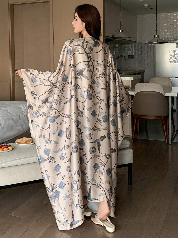 Mysterious Botanical Print Full Pattern Tie Waist Loose Fit Robe Pajama