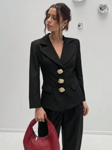 Aloruh Áo khoác blazer trắng cổ chữ V ôm vừa vặn, cổ bẻ lệch phong cách retro thời trang dành cho nữ - màu đen - Xem 2