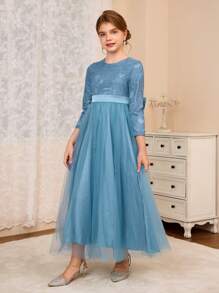 SHEIN Tween Girl Lace Contrast Mesh Big Bow A-Line Dress, Suitable For Weddings, Galas, Birthday Parties, Performances, Thanksgiving, Halloween, Christmas