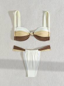 SHEIN Swim Women's Summer Beach Knotted Strap Colorblock Bikini Set - Multicolor - View 1