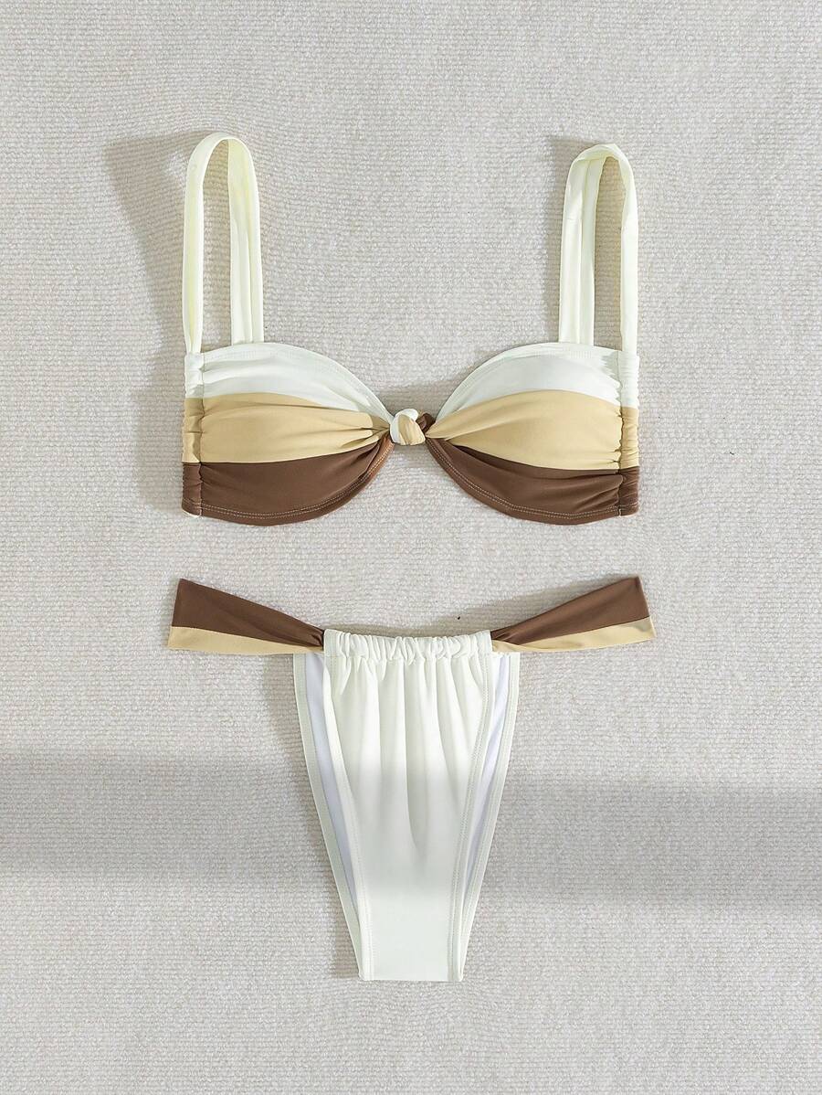 SHEIN Swim Women's Summer Beach Knotted Strap Colorblock Bikini Set - Multicolor - View 1