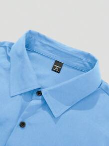 Manfinity Homme 大码男士纯色长袖单排扣休闲商务衬衫，秋季 - 藍色 - 查看 5