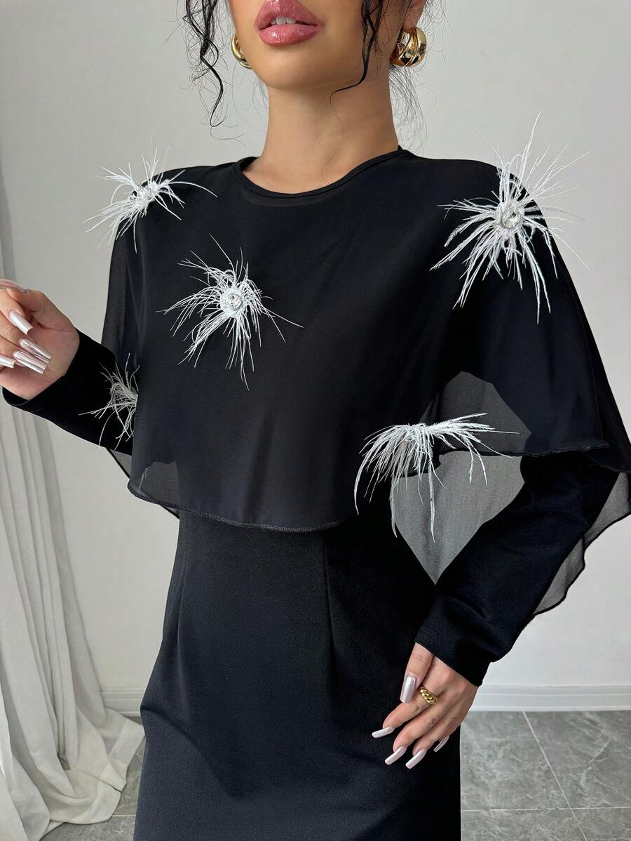 Modelyn 女士优雅黑色针织水钻装饰毛茸茸边饰修身连衣裙长款女士装长款晚礼服 - 黑色 - 查看 1