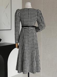 DAZY Plaid Round Neck Puff Sleeve Midi Dress For Women,Fall Clothes Long Sleeve Dress - Black - View 2